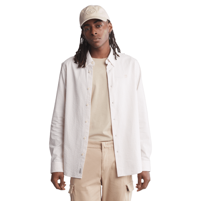 Stribet Seersucker Skjorte Til Mænd I Lys Pink Tømmerland