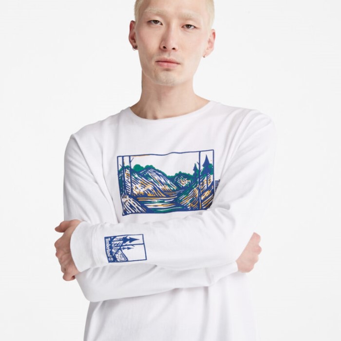 Mænd Vind Vand Jord Og Himmel Langærmet T-shirt Vintage Hvid Timberland