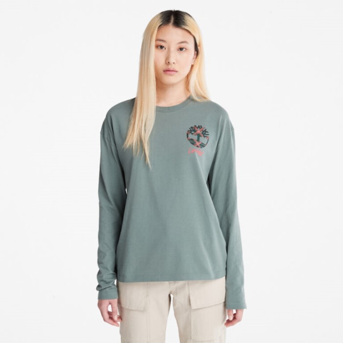 Timberland Balsamgrøn Langærmet T-shirt Med Plaid-logo Til Kvinder