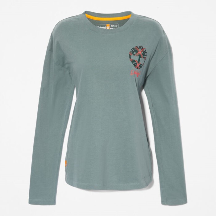 Timberland Balsamgrøn Langærmet T-shirt Med Plaid-logo Til Kvinder