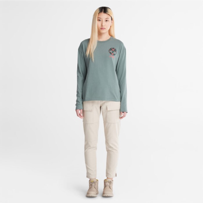 Timberland Balsamgrøn Langærmet T-shirt Med Plaid-logo Til Kvinder