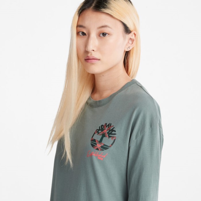 Timberland Balsamgrøn Langærmet T-shirt Med Plaid-logo Til Kvinder