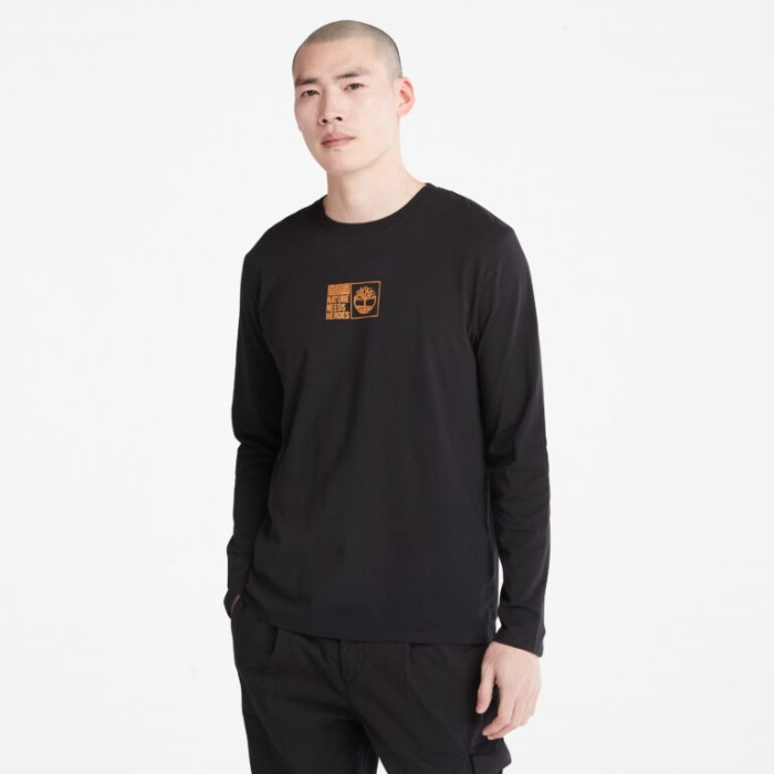 Timberland Sorte Mænd Naturen Har Brug For Helte Langærmet Grafisk T-shirt