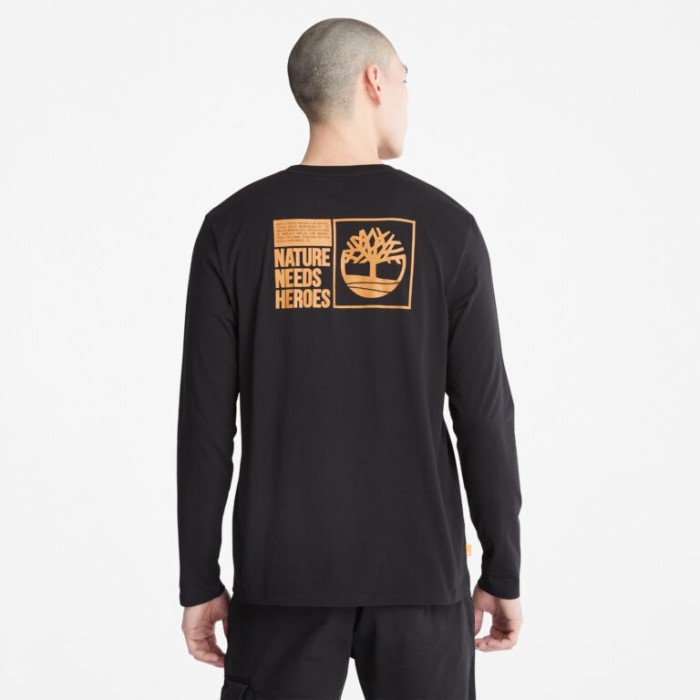 Timberland Sorte Mænd Naturen Har Brug For Helte Langærmet Grafisk T-shirt