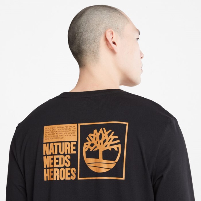 Timberland Sorte Mænd Naturen Har Brug For Helte Langærmet Grafisk T-shirt