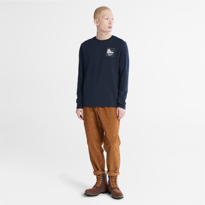 Timberland Dark Sapphire Langærmet T-shirt Med Støvlelogo Til Mænd