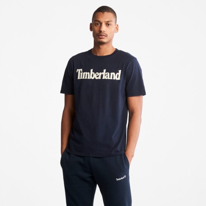Timberland Dark Sapphire T-shirt Med Lineært Logo Til Mænd