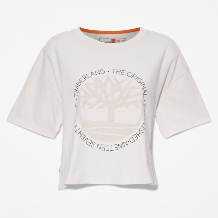Beskåret Logo T-shirt Til Kvinder Vintage Hvid Timberland