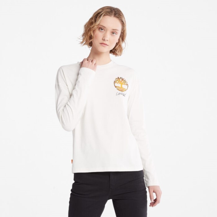 Langærmet Plaid-logo T-shirt Til Kvinder, Vintage Hvid Timberland