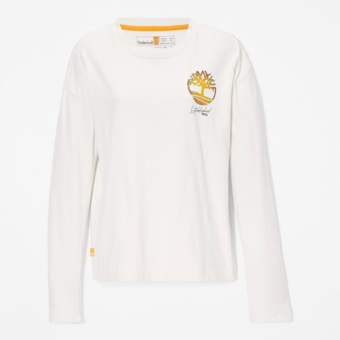 Langærmet Plaid-logo T-shirt Til Kvinder, Vintage Hvid Timberland