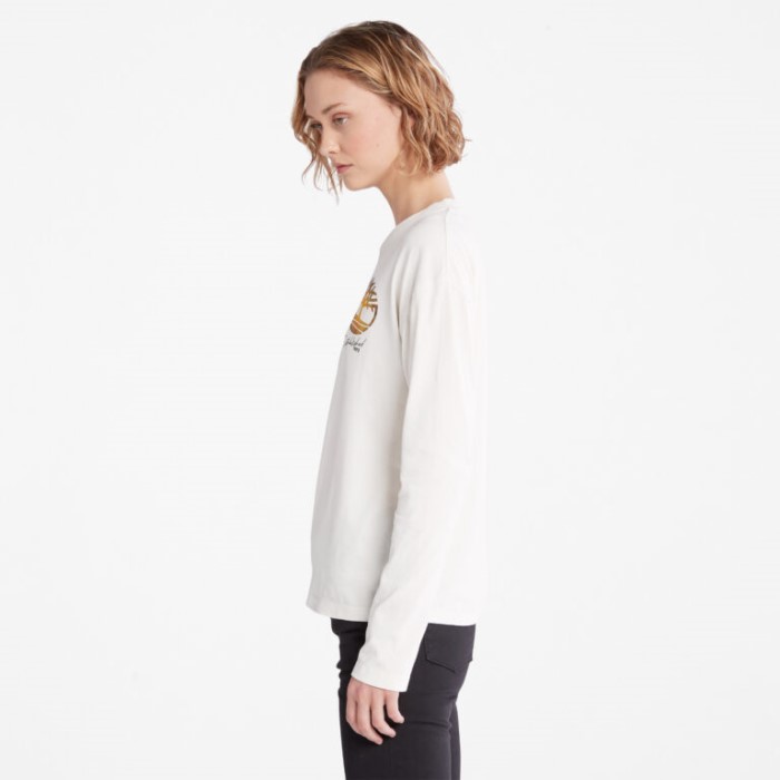 Langærmet Plaid-logo T-shirt Til Kvinder, Vintage Hvid Timberland