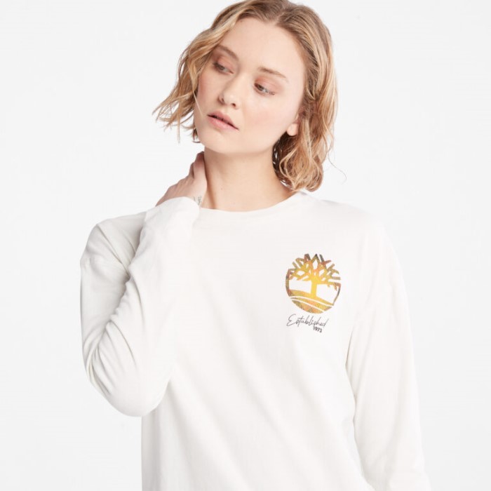 Langærmet Plaid-logo T-shirt Til Kvinder, Vintage Hvid Timberland